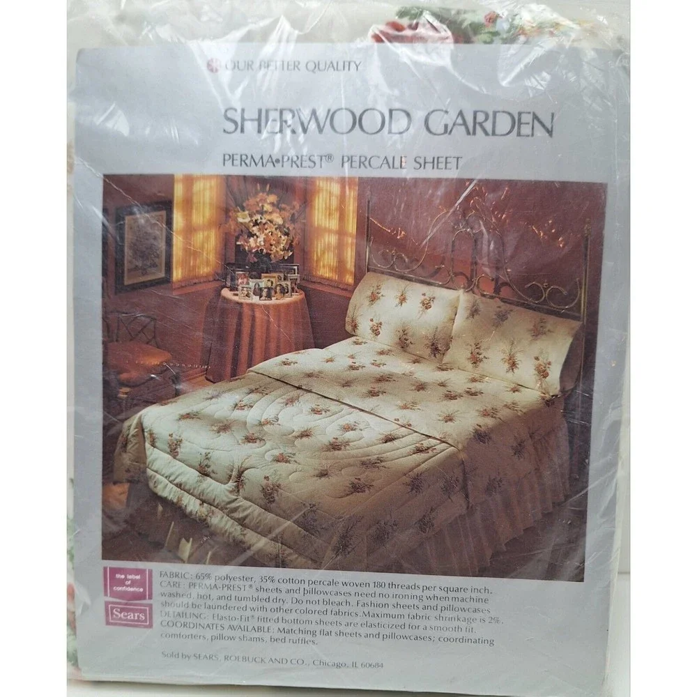 New Sears Sherwood Garden Full Size Fitted Sheet Percale Perma Prest Vtg. 1970s